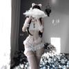 Sexy Cat Cosplay Luxury Set White Lingerie Halloween Costume Underwear Bunny Tail with Break Out of the Rut Cat e-Cosplay 8-Piece T-Back (Sexy