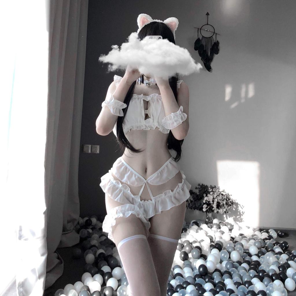 Sexy Cat Cosplay Luxury Set White Lingerie Halloween Costume Underwear Bunny Tail with Break Out of the Rut Cat e-Cosplay 8-Piece T-Back (Sexy