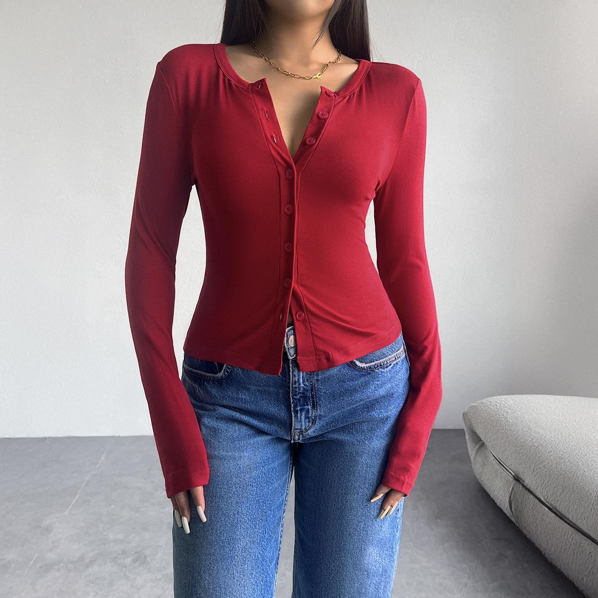 

Women s Tops Y2K Solid Color Slim Cardigan Button Long Sleeve T-Shirt S чорний