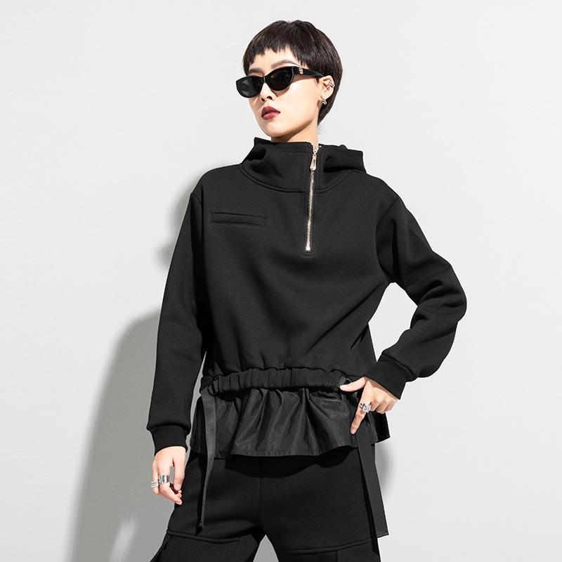 Custom Dark Style Women's Two-Piece Look Hooded Sweatshirt with Waist-Cinched Patchwork - Trendy European & American Design