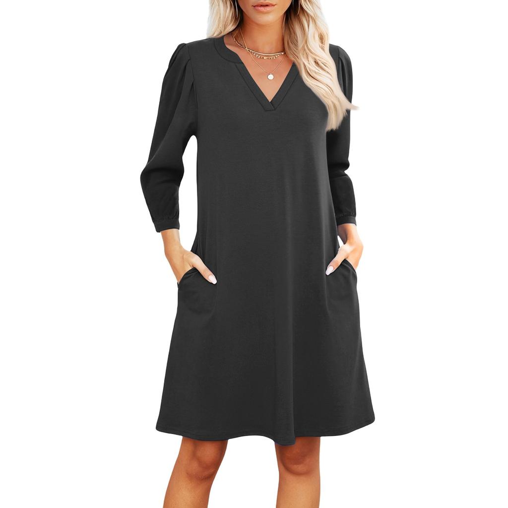 Women's Fashion V-neck Casual Beach Dress Three-quarter Sleeves Solid Dress