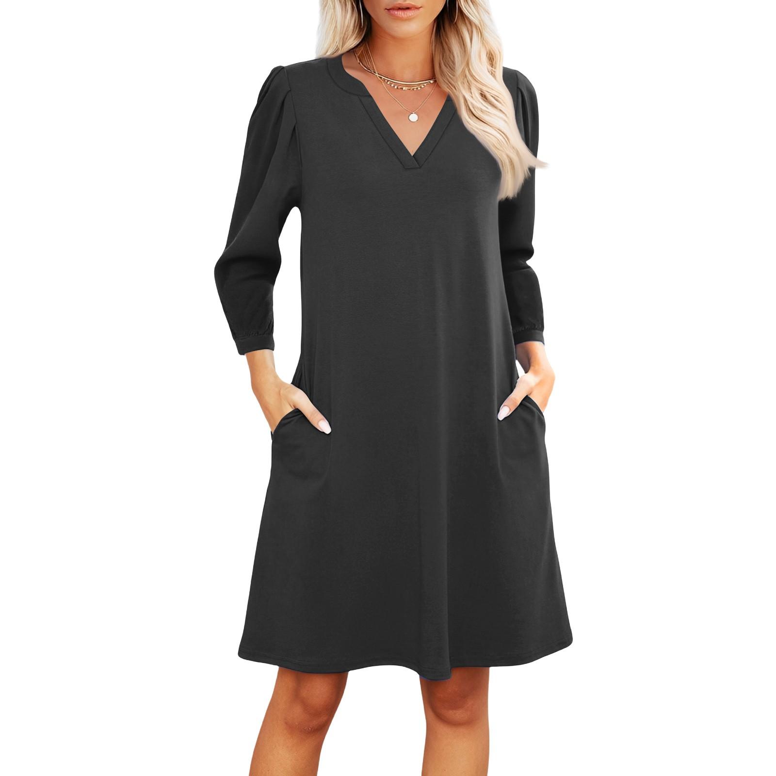 

Women s Fashion V-neck Casual Beach Dress Three-quarter Sleeves Solid Dress XXL чорний