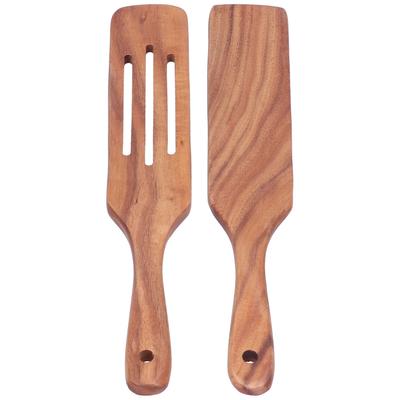 2pcs Slotted Turner Spatula Simple Wooden Spatula with Long Handlefor Cooking Salad Mixing