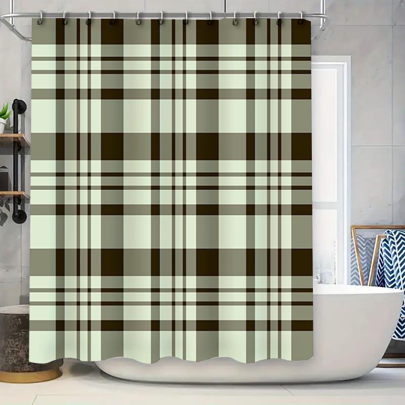 

Plaid Shower Curtain Waterproof Bath Decor Modern Striped Design Bathroom Decoration White Beige Brown Checkered Fabric Curtains W60H190(CM)-1 Pcs
