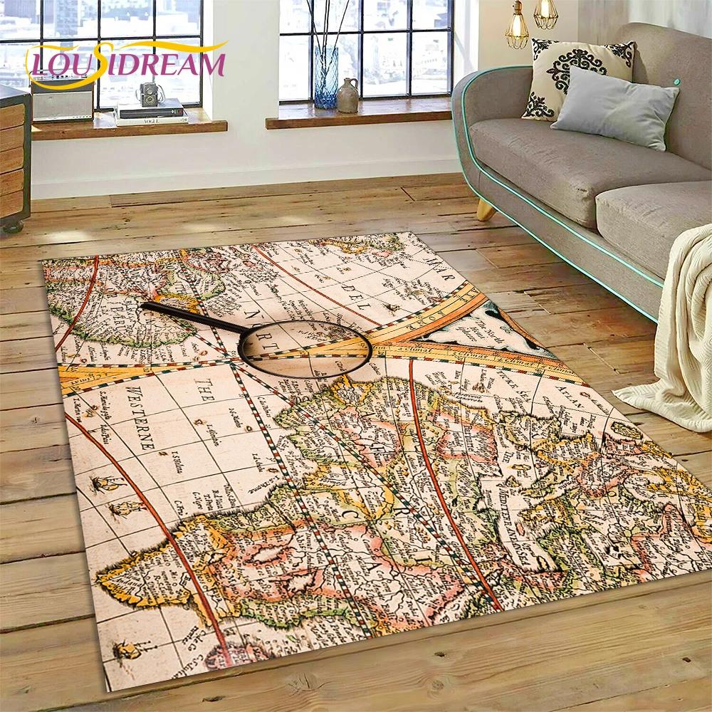 3D Starověká námořní mapa Mapa světa Kompas Koberec Kobereček do ložnice Obývacího pokoje Dekorace pohovky, Dětská hra Velká dekorační podložka na podlahu