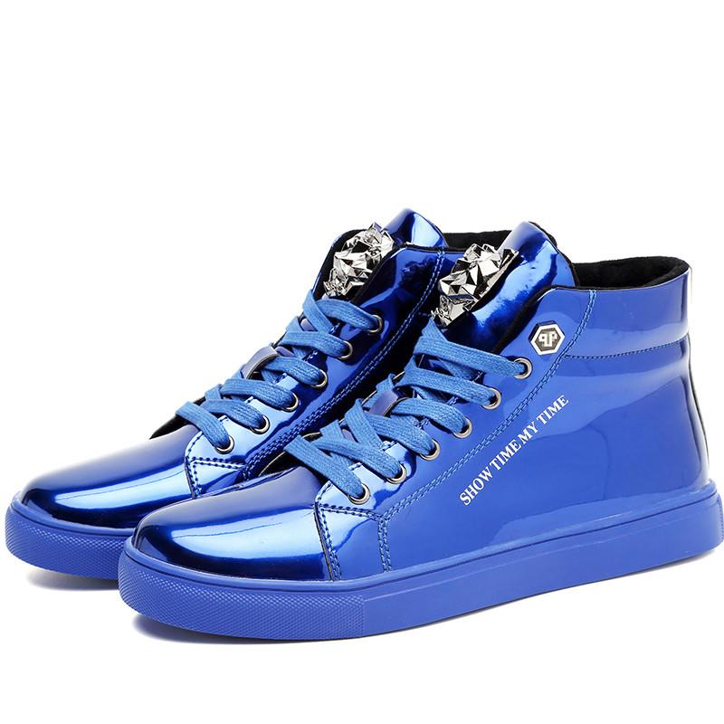 Luxury Blue High Top Sneakers Men Skateboard Shoes Big Size 47 Patent Leather Man Sneakers Platform Non-Slip Men's Casual Shoes