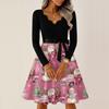 Women's Casual Fashion V-neck Long Sleeved Retro Christmas Print Retro Dress