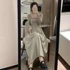 French Hepburn Style Long Sleeve Square Neck Dress for Women - Autumn High-End Inner Layer Long Skirt