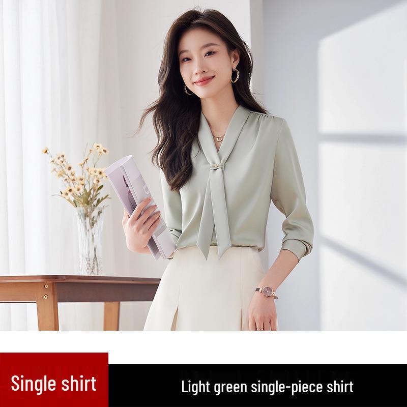 2024 Frühling Damen Stehkragen Bindeband Satin Fließende Bluse - Lockere Passform, Professionelles OL-Design