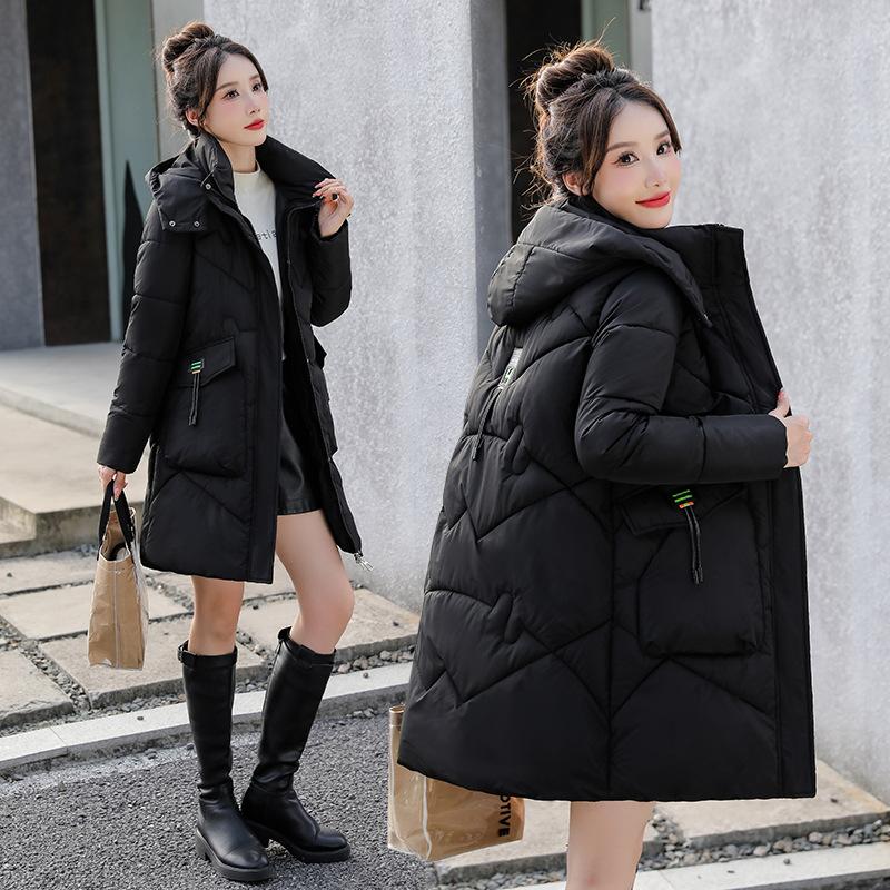 Down cotton-padded clothes for women's medium and long models, new loose and thin cotton-padded clothes, thickened hooded cotton-padded jackets, win