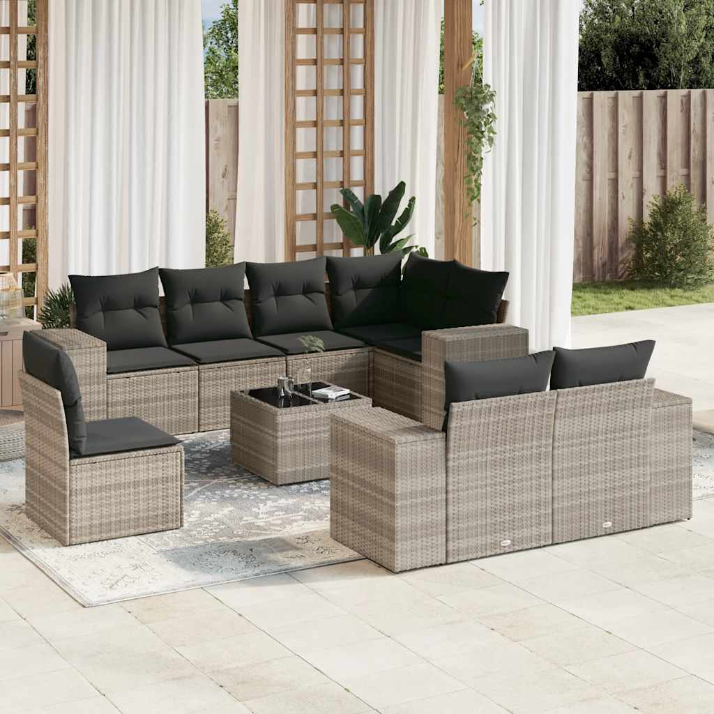 9 Piece Garden Sofa Set with Cushions Light Grey Poly Rattan