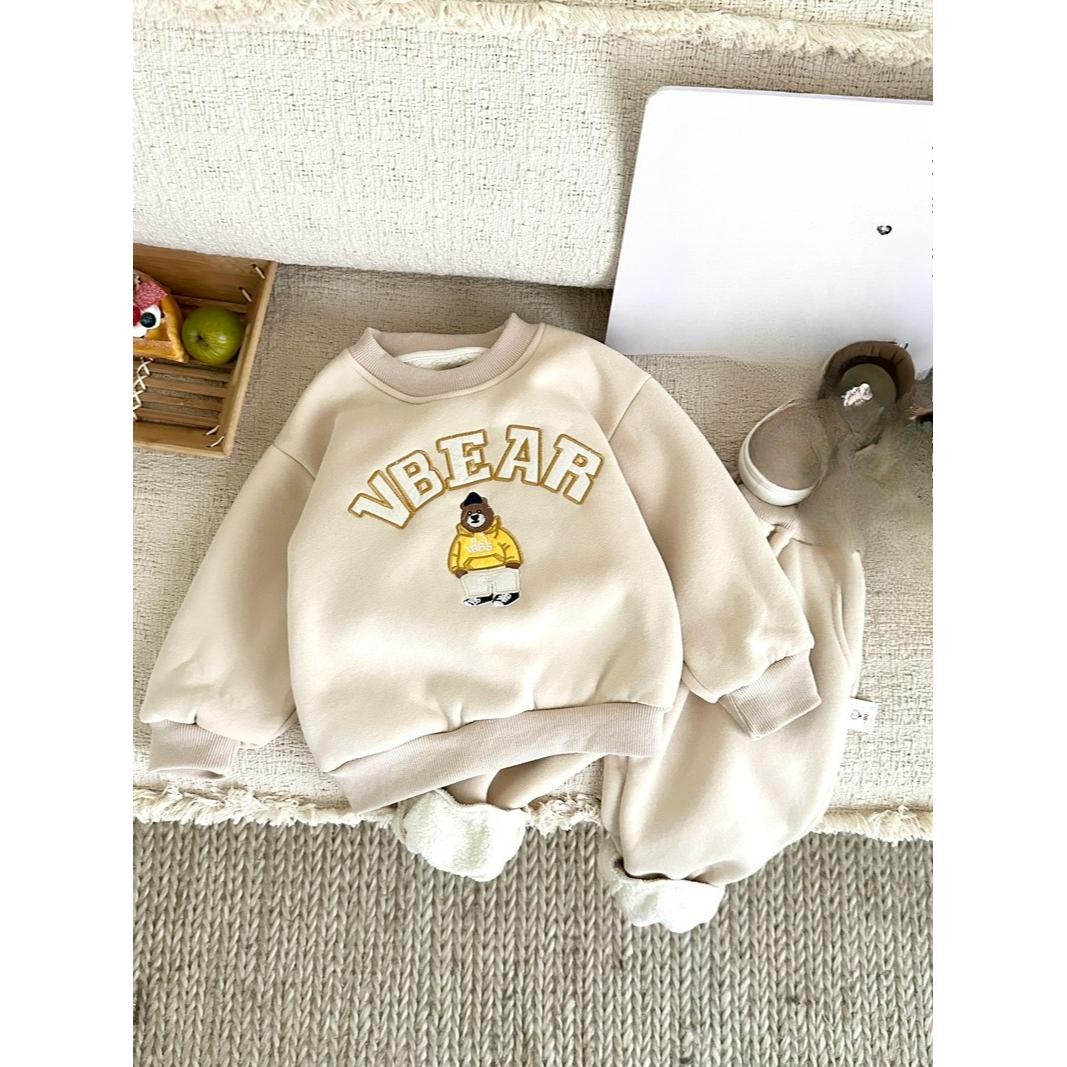 

Детский костюм-свитер с мишкой, повседневный флисовый костюм из овечьей шерсти с мультяшными детскими брюками, костюм-двойка для мальчиков и девочек 90 бежевый