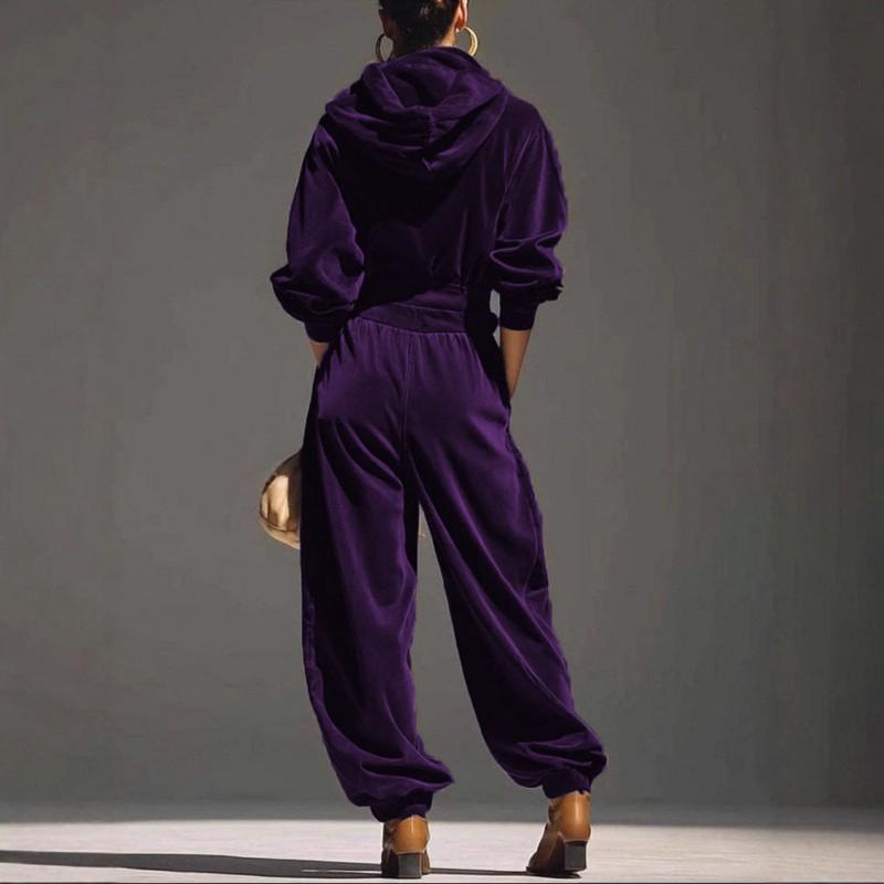 Womens Velvet Hooded Long Sleeve Lounge Set With Elastic Cuffs Loose Fit Pants
