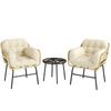 Outdoor Garden Salon 3 Pieces Wicker Rattan Set Tempered Glass Table 2 Armchairs With Cushions 62x73x79cm Cream