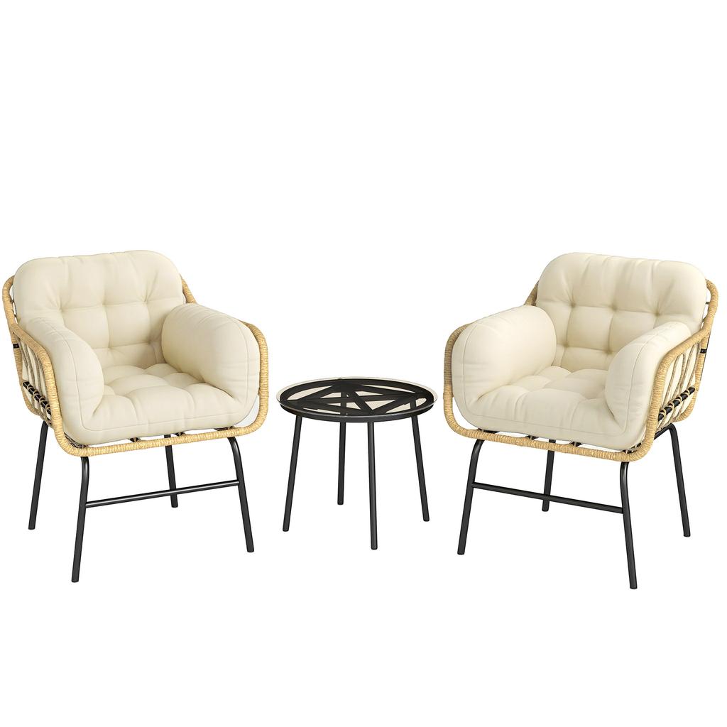 Outdoor Garden Salon 3 Pieces Wicker Rattan Set Tempered Glass Table 2 Armchairs With Cushions 62x73x79cm Cream