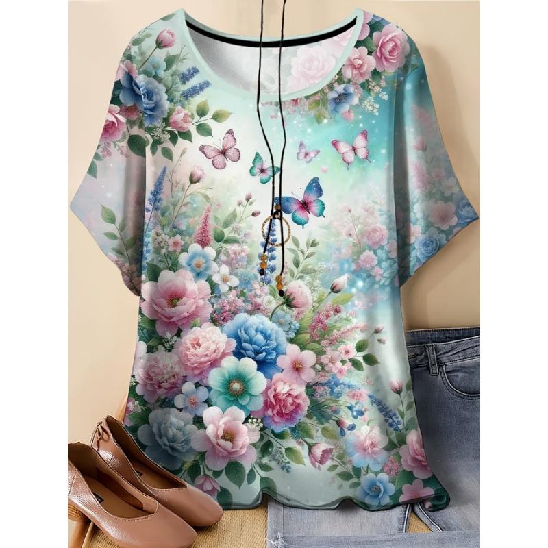

Summer Women s New Style Butterfly Print in Flowers Round Neck Casual Loose Plus Size Women s T-Shirts Women s Tops S