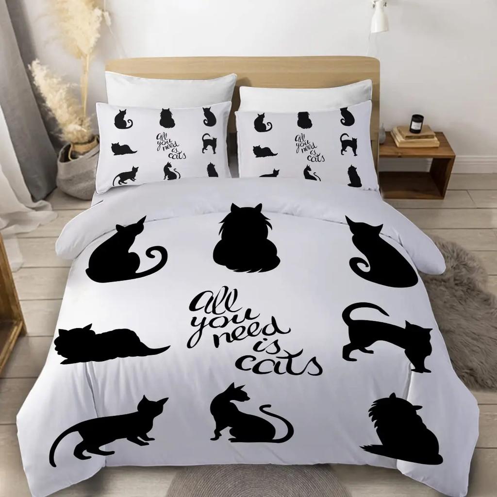 Witch Black Cat Duvet Cover Set Full,Cat Sitting On Moon Bedding Set Vintage Gothic Animals Cat Comforter Cover 2/3pcs Bed Sets