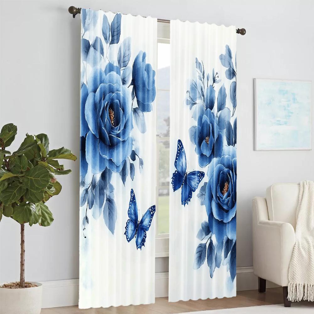 2 Pcs   Versatile Polyester Transparent Curtains for Home Decoration Butterfly Floral for Use In Bedrooms and Living Rooms