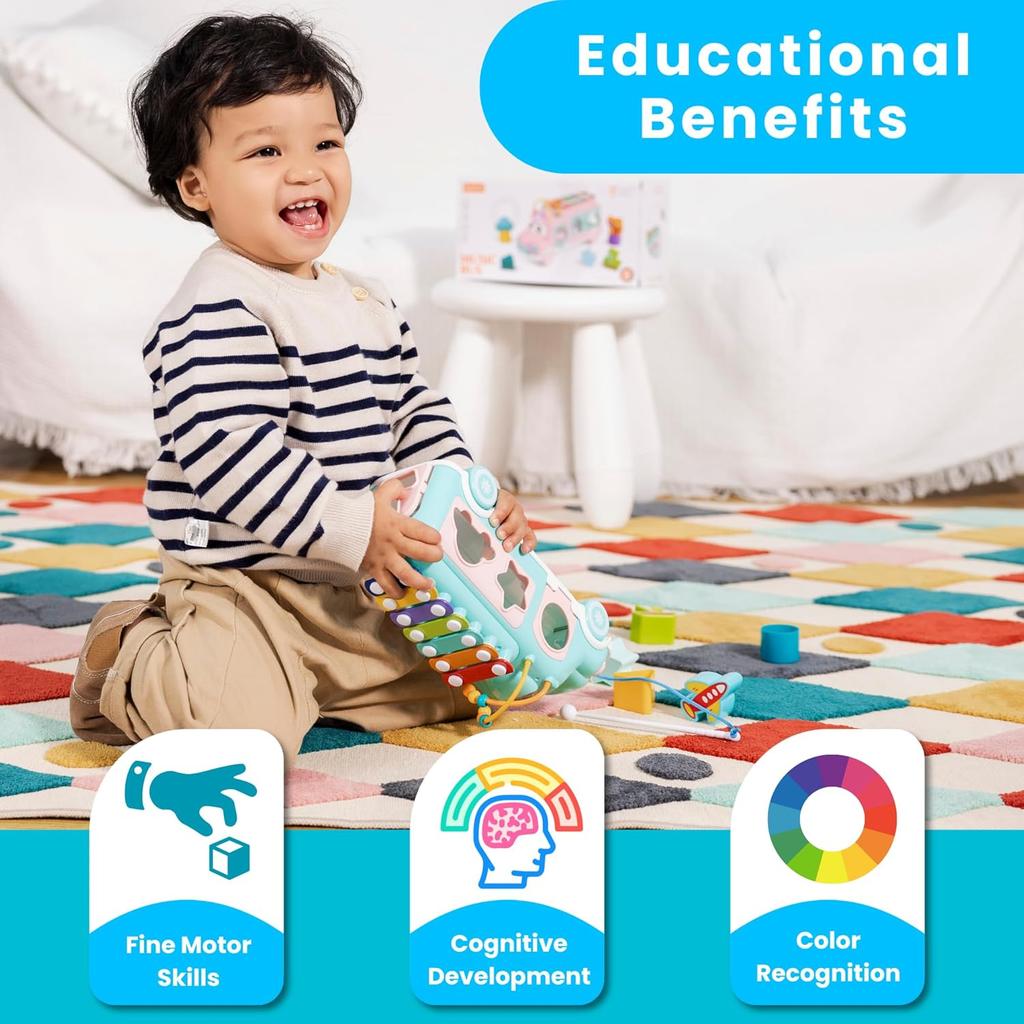 Interactive Musical Bus Toy for Toddlers - Xylophone, Abacus, Shape Sorter, and Push/Pull & Go Feature - Kids Educational Gift