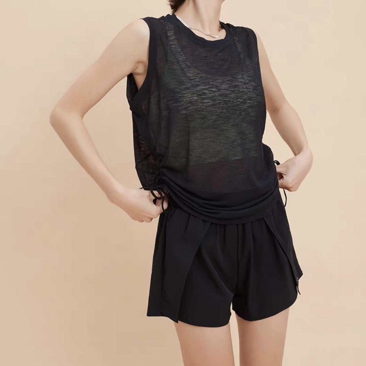 Bamboo Yarn Breathable Sleeveless Yoga Tank Top with Drawstring Hem Large