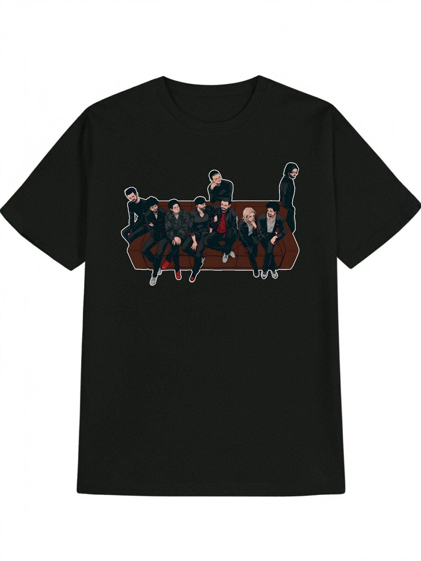 Casual Crew Neck T-shirt with Cartoon Male Characters on Brown Sofa Print XXXL