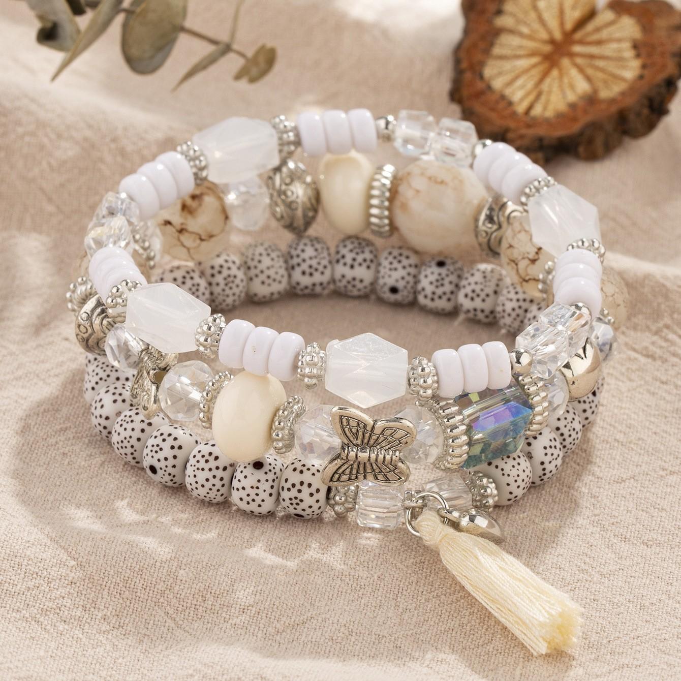 

New Butterfly Fringed Pendant Multi-layer Multi-ring Hand Accessory For Ladies - Bohemian Bead String Crystal Bracelet. One Size белый