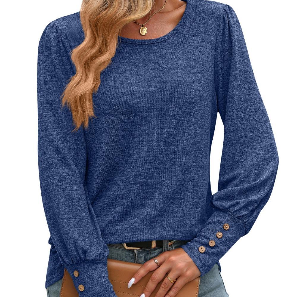 T-skjorte for kvinner, høst og vinter, puffermer med rund hals og langermet skjorte