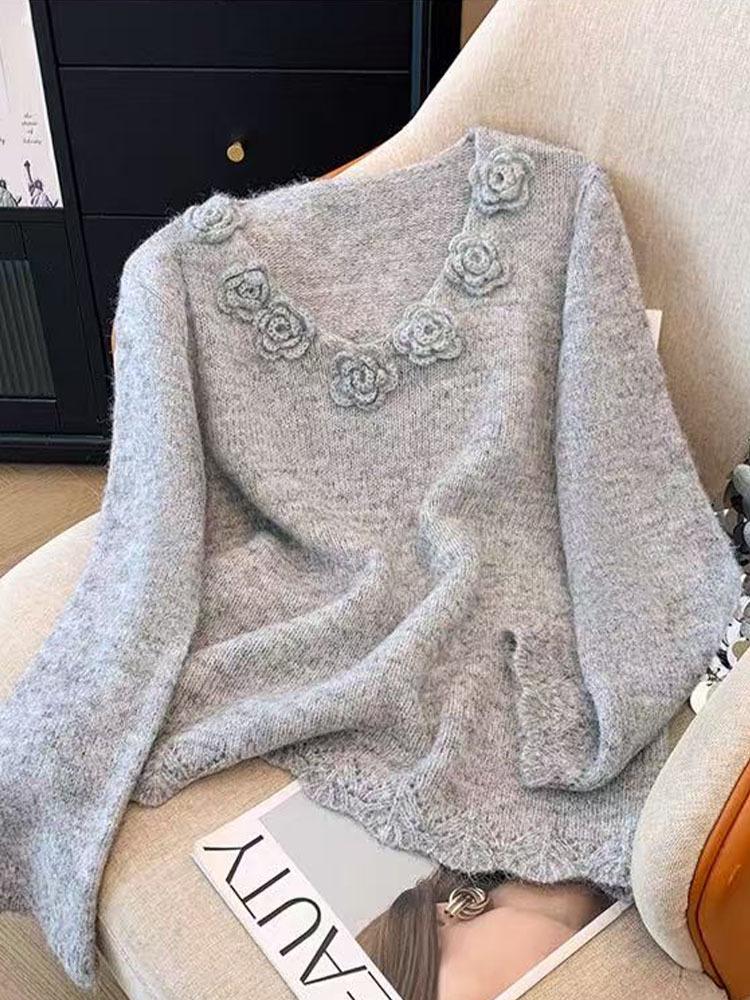 3D Floral Wool Sweater - Plus Size, Long Sleeve, Autumn/Winter Knitwear, Age-Reducing, Loose Fit, Women's Top.