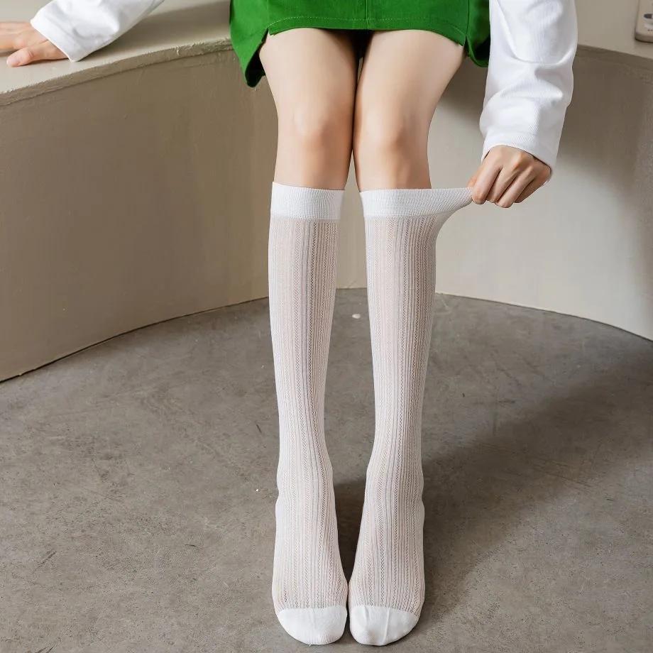 Women Thin Hollow Out Long Loose Socks JK Lolita Sweet Girls Japanese Solid Color Breathable Cotton Spring Summer Stocking