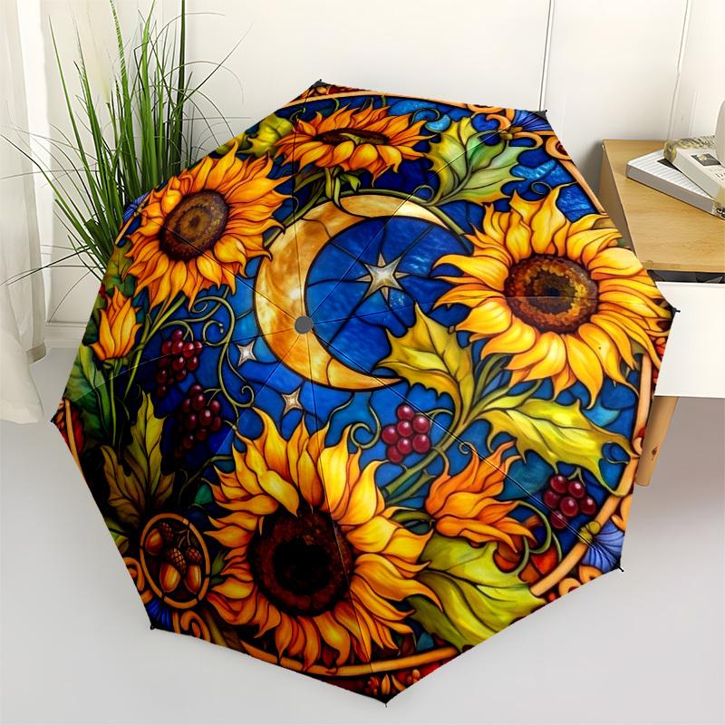 1pc Sunflowers, Moon, Stained Glass Umbrella with Plastic Handle,Compact & Stylish,Suitable for All Seasons YS331093