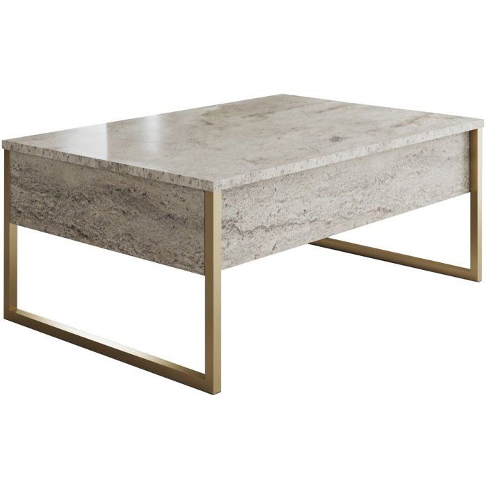 Table basse - LUXE - Travertine Gold - Rectangulaire - Panneaux mélaminés et métal - Travertin et doré - Style luxueux - 90x60x40 cm