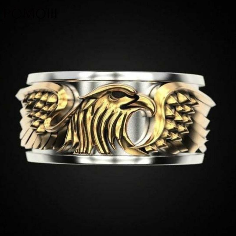 Vintage 925 Silver Two-Tone Ring Domineering Eagle Men's Band Party Gift Jewelry Ring