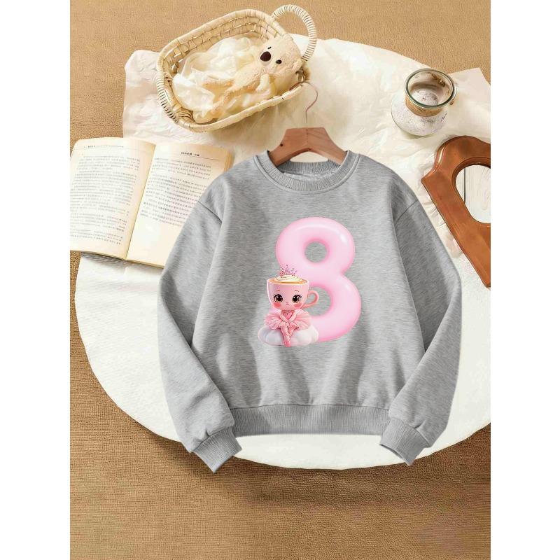 Kids Girls Crewneck Sweatshirt, Pink Number 8 Cute Ballet Coffee Cup Cartoon Birthday Print Soft Fleece Pullover For 8th Birthday