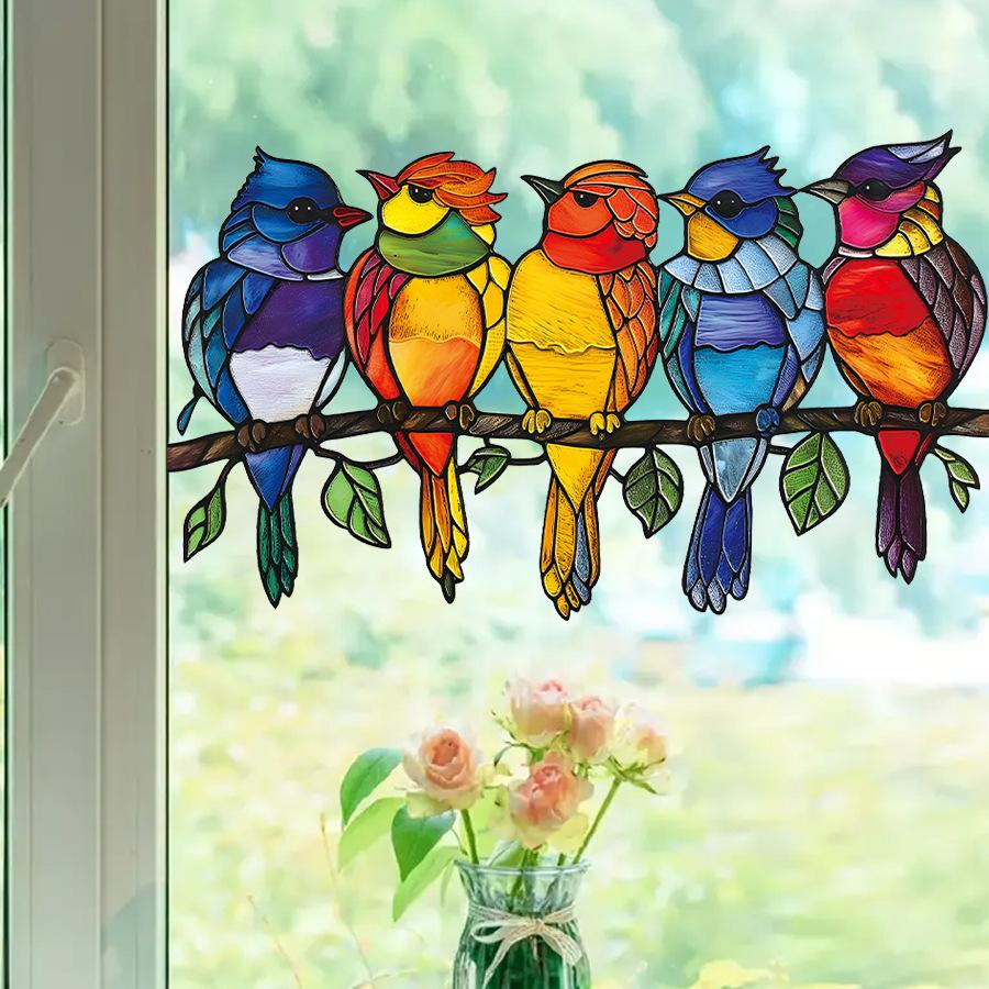 Vintage Mosaic Painted Woodpecker Window Stickers, Self-Adhesive Decals for Storefront Home Glass Decoration