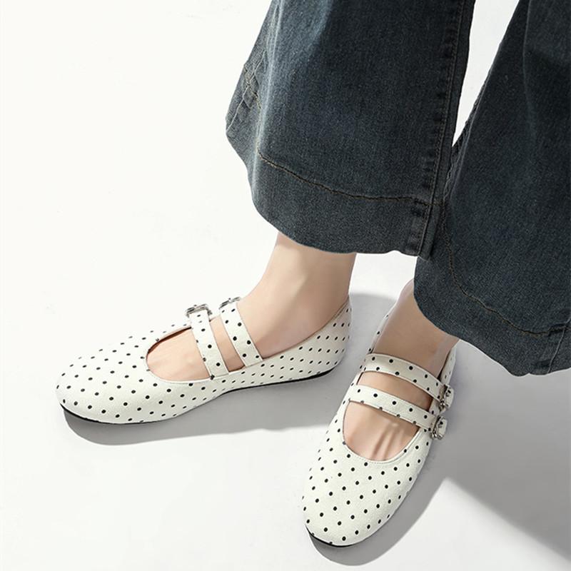 Polka Dot Strap Buckle Women Ballet Flats Comfortable Soft Soles Mary Janes Walking Loafers Street Style Dance Shoes
