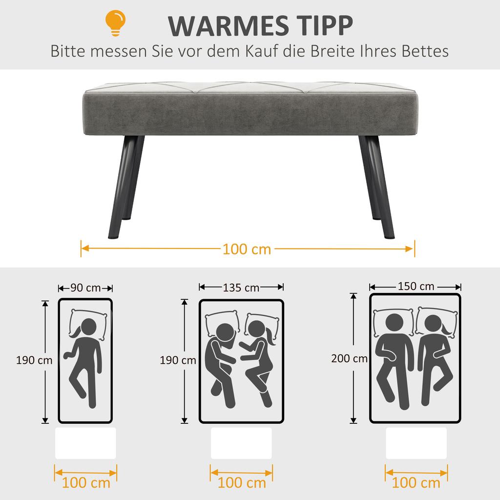 Bench Upholstered Bench Bed Bench, Velvet Look, 100 X 36 X 45 Cm, Grey