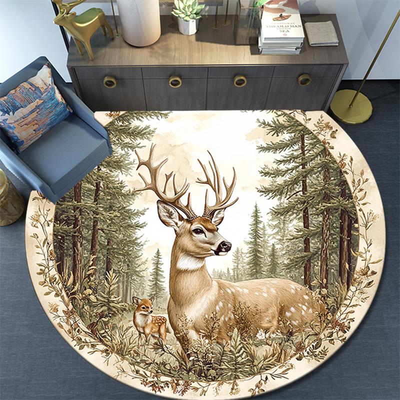 Deer Forest Round Area Rug,Carpet Rug for Living Room Bedroom Sofa Playroom Decor,Non-slip Floor Mat
