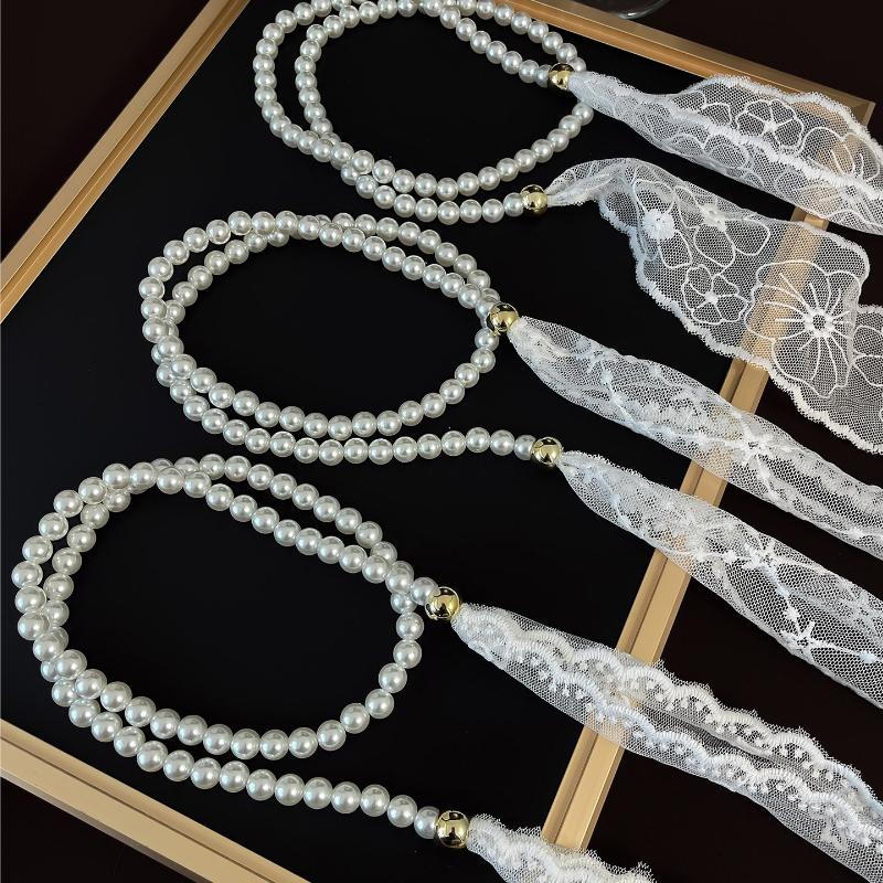 Elegantní dlouhý mašlový krajkový pásek řetízek dámský perlový střapec ozdoba pasu vázací řetízek k šatům džínový pásek