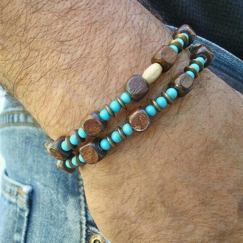 Retro Multi-layer Stacked Men Wood Ball Bead Bracelet Simple Green Natural Stone Handmade Jewelry Fashion Street Accessories