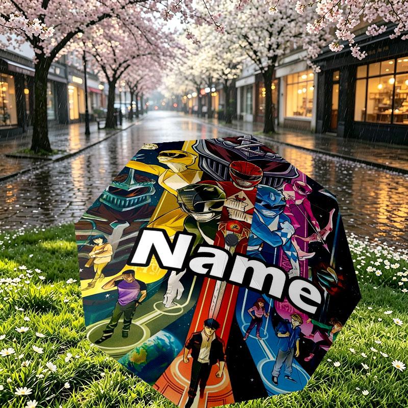 Custom Name Personalized Power Rangers Print Umbrella, Auto Open Close, 8‑Rib Sturdy Frame, Commute Camping Hiking Use, Birthday Gift
