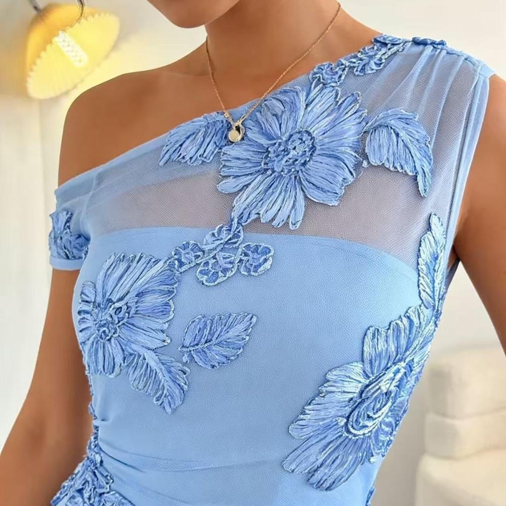Women One Shoulder Floral Maxi Dress Sleeveless Ruched Bodycon Mesh Long Dress Wedding Guest Cocktail Evening Dress