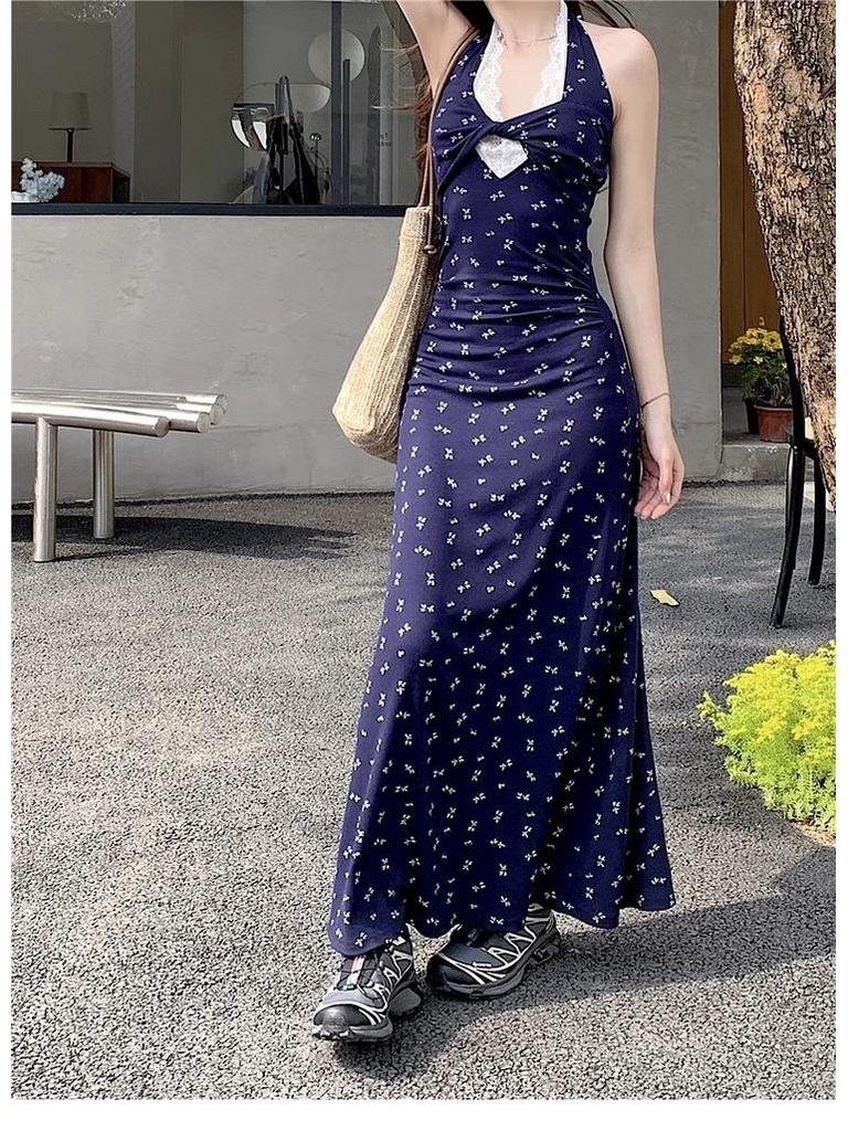 Floral Twisted Lace Halter Maxi Dress for Summer 2025