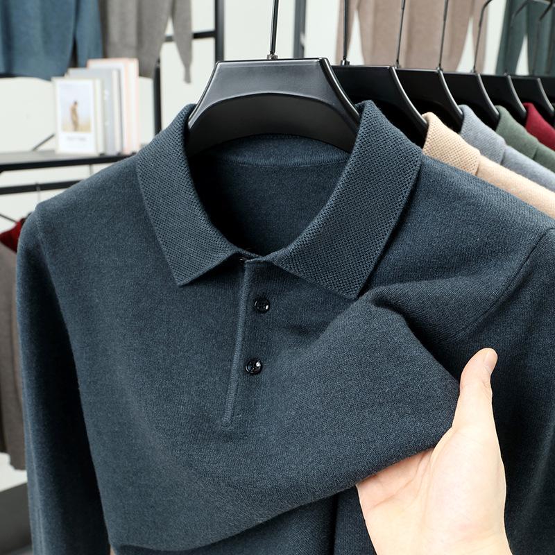 2026 Autumn/Winter Men's Slim Fit Heavy Knit Polo Sweater, 500g Lapel Pullover Base Layer