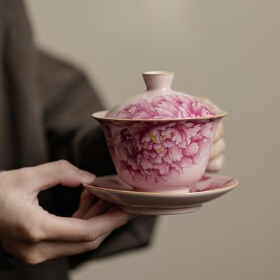 Pink Ru Kiln Peony Sancai Gaiwan Kung Fu Tea Set Tea Bowl Household Ceramic Chinese Tea Bowl