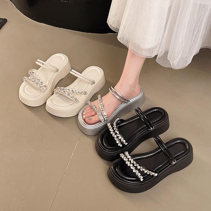 Thick-bottomed Cool Slippers for Women To Wear Summer New Rhinestone Muffin Versatile Small One-word Beach Slippers for Women