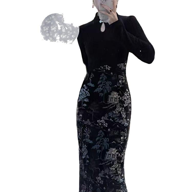 Modernes Schwarzes Samt-Cheongsam-Kleid für Damen - Herbst/Winter High-End-Mode