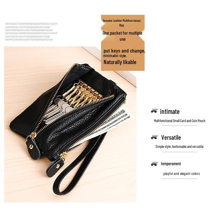 Top-Grain Cowhide Leather Wristlet: Key Pouch, Coin Purse, Card Holder, Wear-Resistant Multifunctional Small Handbag.