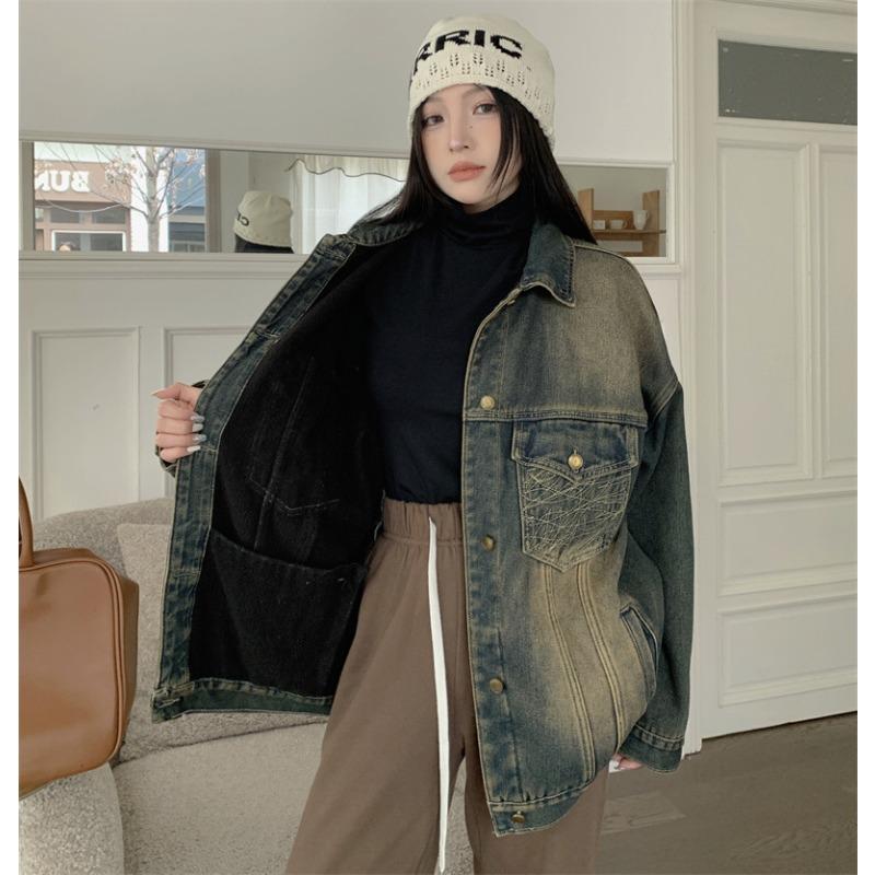Large Size Fat M Winter Clothing Loose Silhouette Design Sense Retro Fleece Thickened Denim Jacket Chenille