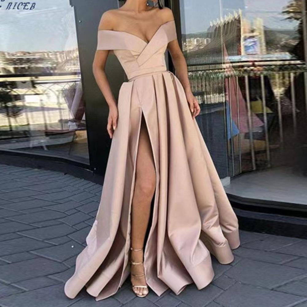 Abito Maxi Donna Scollato A Spalla Senza Maniche Linea Ad A Vita Alta Elegante Raso Spacco Abito da Sera