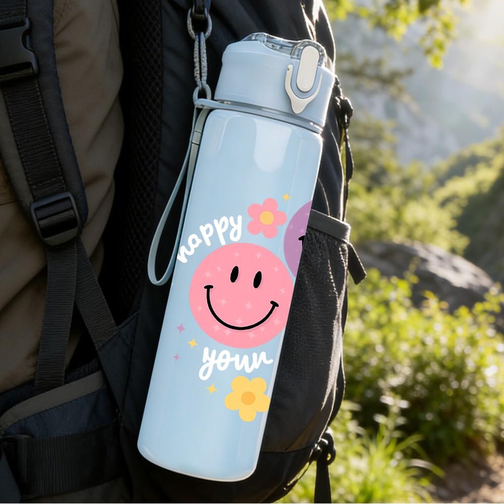 1PC Colorful Smiley Face Trio 750ml Color Plastic Sports Water Bottle Leakproof Flip Straw Lid Suitable for Sports Office Home Use